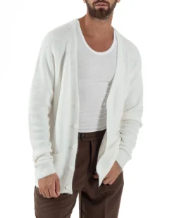 Cardigan Uomo Maglione Lana Relaxed Fit Basic Bianco BERNA M252038
