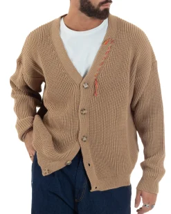 Cardigan Uomo Ricamo Jacquard Maglia Over Scollo V Beige Berna M-252014