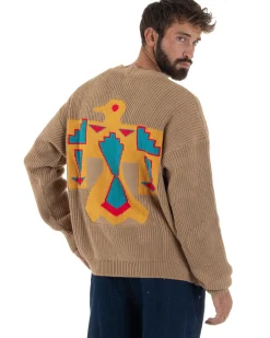 Cardigan Uomo Ricamo Jacquard Maglia Over Scollo V Beige Berna M-252014