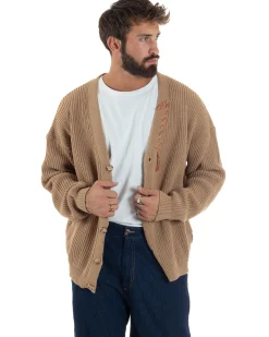 Cardigan Uomo Ricamo Jacquard Maglia Over Scollo V Beige Berna M-252014