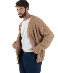 Cardigan Uomo Ricamo Jacquard Maglia Over Scollo V Beige Berna M-252014
