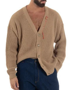 Cardigan Uomo Ricamo Jacquard Maglia Over Scollo V Beige Berna M-252014