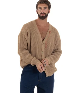 Cardigan Uomo Ricamo Jacquard Maglia Over Scollo V Beige Berna M-252014