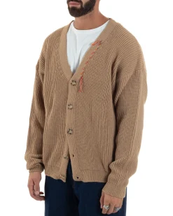 Cardigan Uomo Ricamo Jacquard Maglia Over Scollo V Beige Berna M-252014