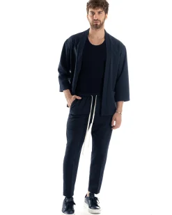 Completo set coordinato uomo giacca kimono pantaloni blu GIOSAL-OU2560A