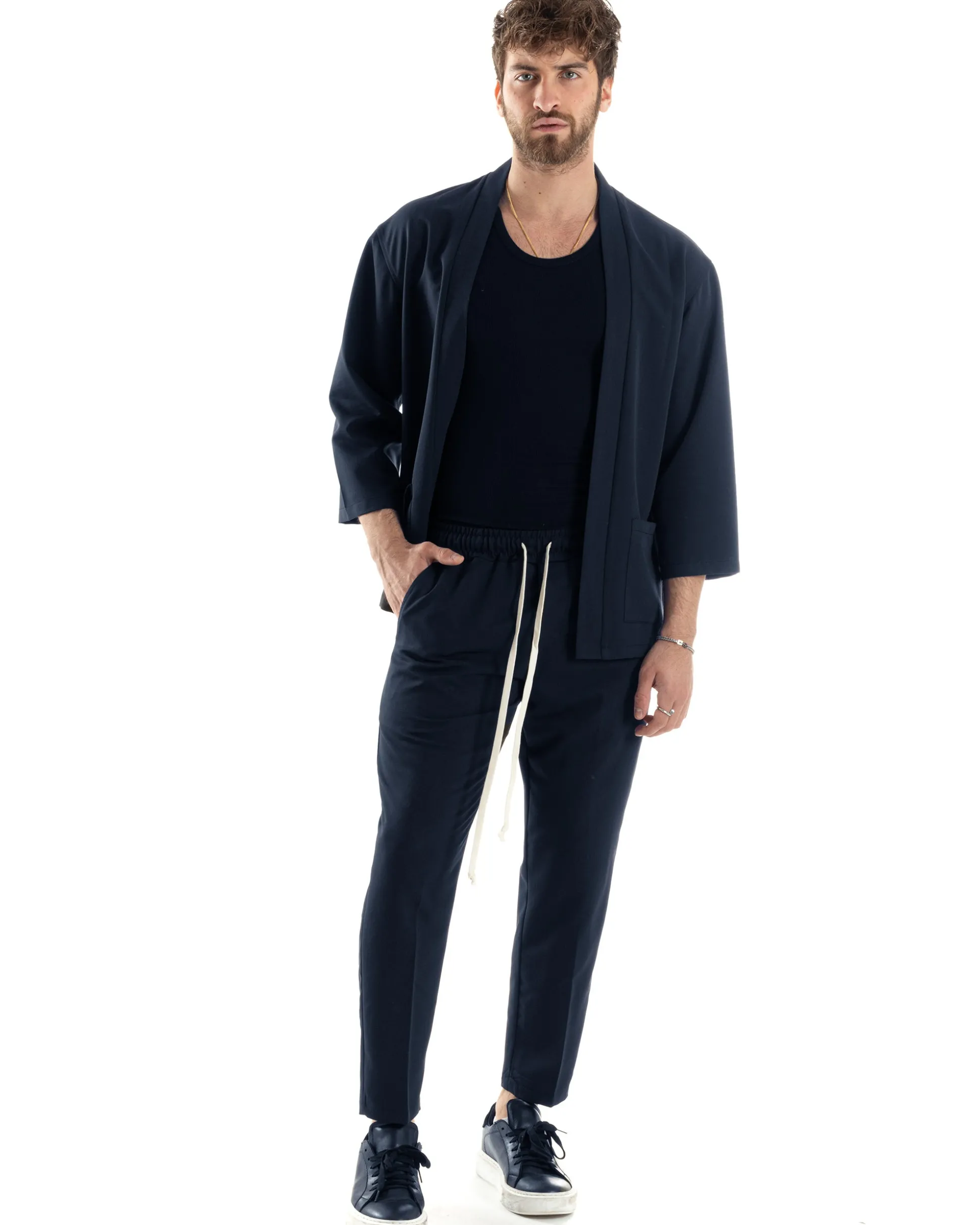 Completo set coordinato uomo giacca kimono pantaloni blu GIOSAL-OU2560A