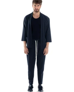 Completo set coordinato uomo giacca kimono pantaloni blu GIOSAL-OU2560A