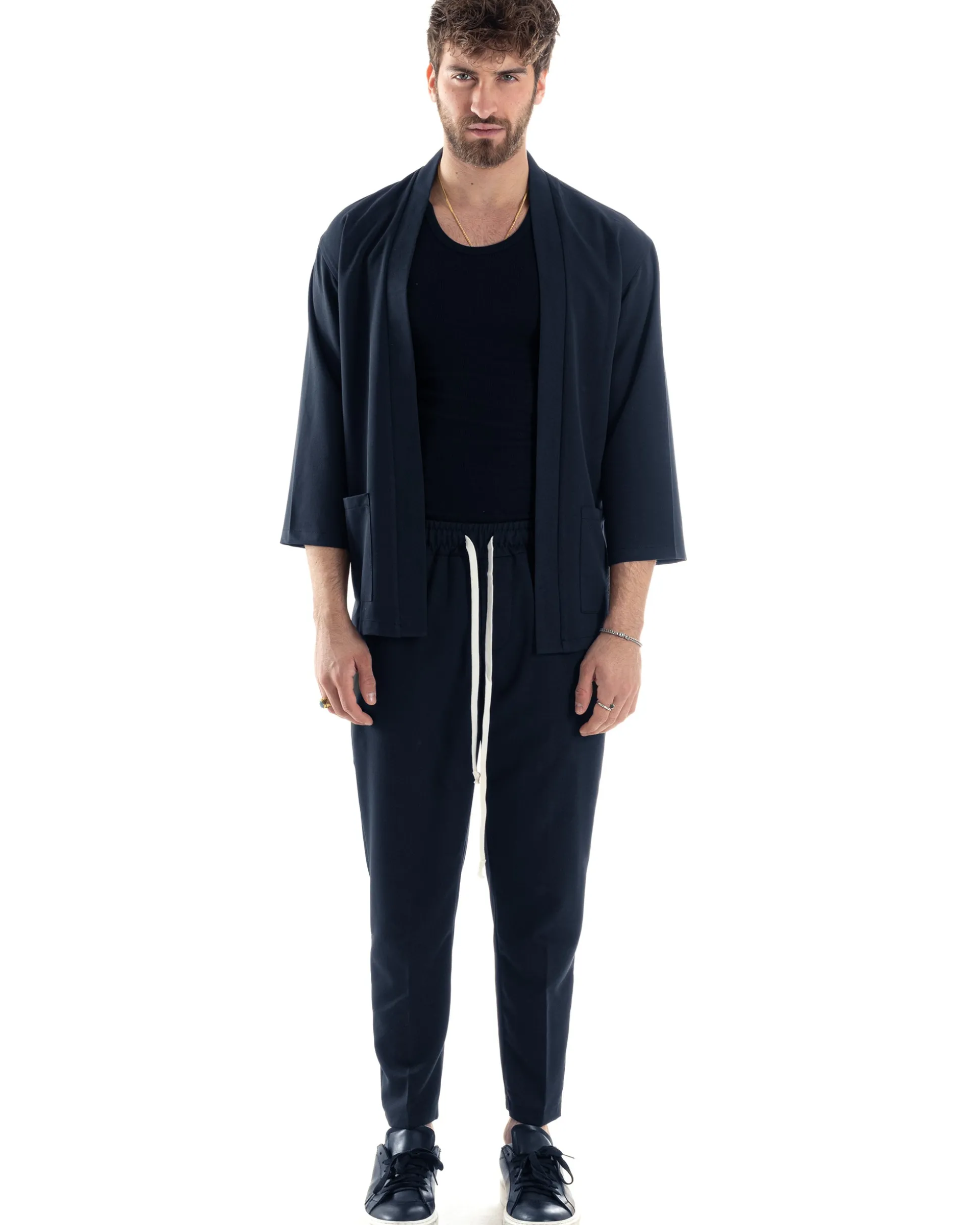 Completo set coordinato uomo giacca kimono pantaloni blu GIOSAL-OU2560A