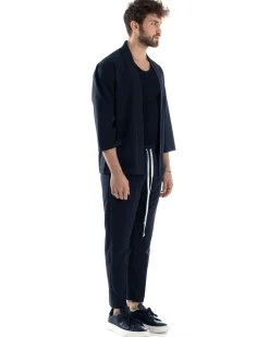 Completo set coordinato uomo giacca kimono pantaloni blu GIOSAL-OU2560A