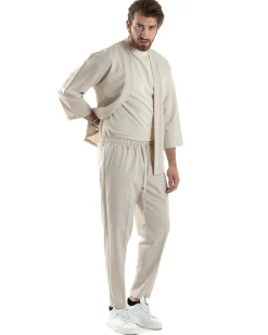 Completo set coordinato uomo giacca kimono pantaloni beige GIOSAL-OU2446A