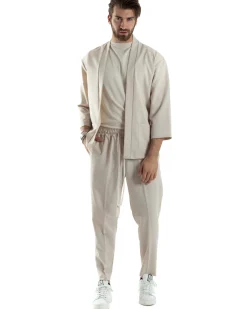 Completo set coordinato uomo giacca kimono pantaloni beige GIOSAL-OU2446A