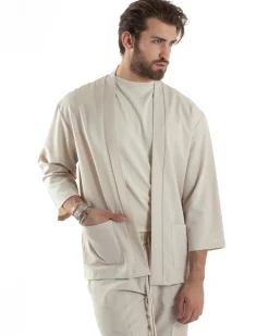 Completo set coordinato uomo giacca kimono pantaloni beige GIOSAL-OU2446A