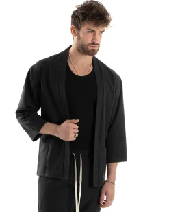 Completo set coordinato uomo giacca kimono pantaloni nero GIOSAL-OU2445A