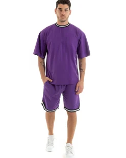Completo Set Coordinato Uomo Cotone Viscosa T-Shirt Bermuda Outfit Viola GIOSAL-OU2309A