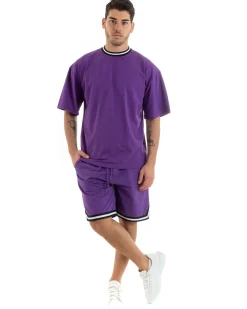 Completo Set Coordinato Uomo Cotone Viscosa T-Shirt Bermuda Outfit Viola GIOSAL-OU2309A