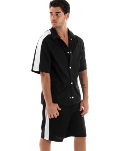 Completo Set Coordinato Uomo Viscosa Camicia Con Colletto Bermuda Outfit Nero GIOSAL-OU2366A