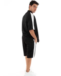 Completo Set Coordinato Uomo Viscosa Camicia Con Colletto Bermuda Outfit Nero GIOSAL-OU2366A
