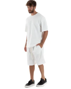 Completo Set Coordinato Uomo Cotone Outfit Basic Casual T-shirt Girocollo Bermuda Con Laccio Pantalaccio Regular Fit Bianco GIOSAL-OU2458A