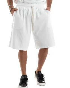 Completo Set Coordinato Uomo Cotone Outfit Basic Casual T-shirt Girocollo Bermuda Con Laccio Pantalaccio Regular Fit Bianco GIOSAL-OU2458A