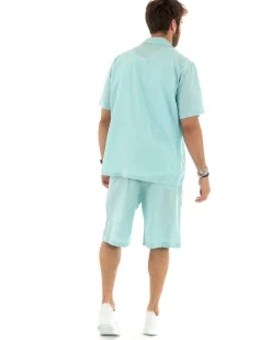 Completo Set Coordinato Uomo Viscosa Camicia Con Colletto Bermuda Outfit Verde Acqua GIOSAL-OU2355A
