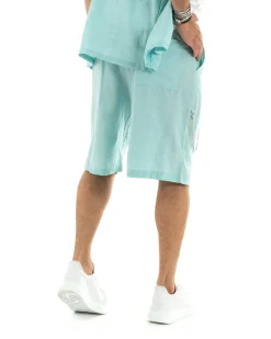 Completo Set Coordinato Uomo Viscosa Camicia Con Colletto Bermuda Outfit Verde Acqua GIOSAL-OU2355A