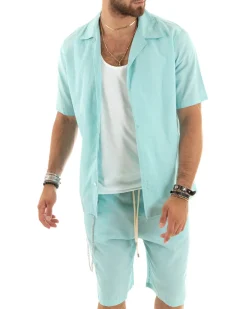 Completo Set Coordinato Uomo Viscosa Camicia Con Colletto Bermuda Outfit Verde Acqua GIOSAL-OU2355A