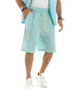 Completo Set Coordinato Uomo Viscosa Camicia Con Colletto Bermuda Outfit Verde Acqua GIOSAL-OU2355A