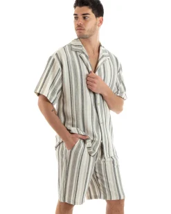 Completo Set Coordinato Uomo Cotone Camicia Con Colletto Bermuda Outfit GIOSAL-OU2321A