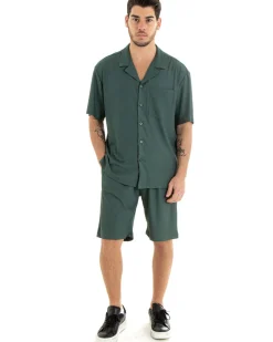 Completo Set Coordinato Uomo Viscosa Plissé Camicia Con Colletto Bermuda Outfit Verde GIOSAL-OU2282A
