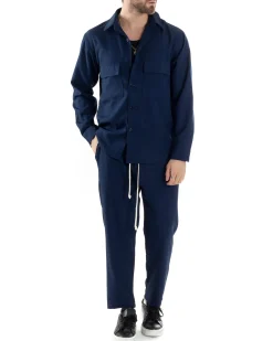 Completo Set Coordinato Uomo Viscosa Camicia Pantaloni Jogger Outfit Melangiato Blu GIOSAL-OU2451A
