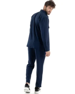 Completo Set Coordinato Uomo Viscosa Camicia Pantaloni Jogger Outfit Melangiato Blu GIOSAL-OU2451A