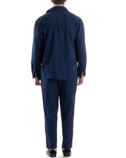 Completo Set Coordinato Uomo Viscosa Camicia Pantaloni Jogger Outfit Melangiato Blu GIOSAL-OU2451A