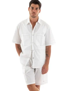 Completo Set Coordinato Uomo Cotone Camicia Con Colletto Bermuda Cargo Outfit Bianco GIOSAL-OU2368A