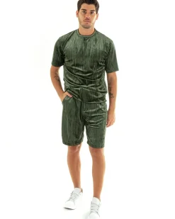 Completo Set Coordinato Uomo Ciniglia T-Shirt Bermuda Outfit Verde GIOSAL-OU2361A