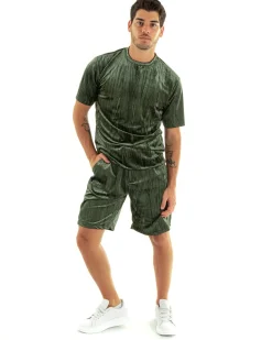 Completo Set Coordinato Uomo Ciniglia T-Shirt Bermuda Outfit Verde GIOSAL-OU2361A