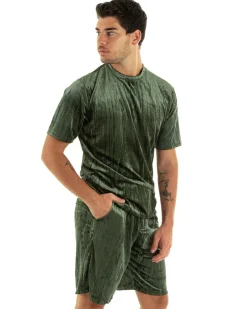Completo Set Coordinato Uomo Ciniglia T-Shirt Bermuda Outfit Verde GIOSAL-OU2361A