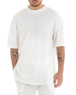 Completo Set Coordinato Uomo Viscosa Plissè T-Shirt Pantaloni Outfit Bianco GIOSAL-OU2286A