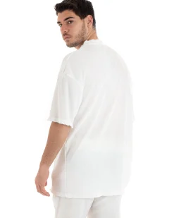 Completo Set Coordinato Uomo Viscosa Plissè T-Shirt Pantaloni Outfit Bianco GIOSAL-OU2286A