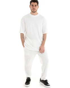 Completo Set Coordinato Uomo Viscosa Plissè T-Shirt Pantaloni Outfit Bianco GIOSAL-OU2286A