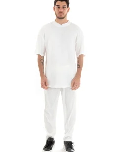 Completo Set Coordinato Uomo Viscosa Plissè T-Shirt Pantaloni Outfit Bianco GIOSAL-OU2286A