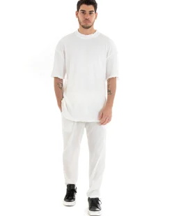 Completo Set Coordinato Uomo Viscosa Plissè T-Shirt Pantaloni Outfit Bianco GIOSAL-OU2286A