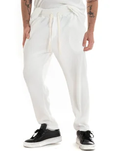 Completo Set Coordinato Uomo Viscosa Plissè T-Shirt Pantaloni Outfit Bianco GIOSAL-OU2286A