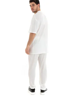 Completo Set Coordinato Uomo Viscosa Plissè T-Shirt Pantaloni Outfit Bianco GIOSAL-OU2286A