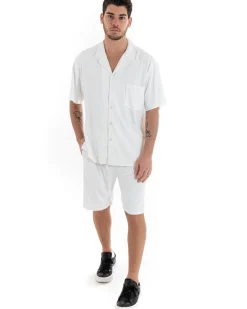 Completo Set Coordinato Uomo Viscosa Plissé Camicia Con Colletto Bermuda Outfit Bianco GIOSAL-OU2284A