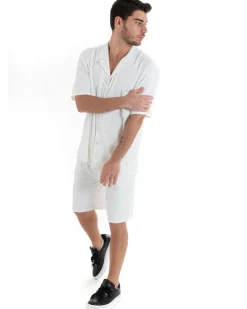 Completo Set Coordinato Uomo Viscosa Plissé Camicia Con Colletto Bermuda Outfit Bianco GIOSAL-OU2284A