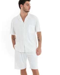 Completo Set Coordinato Uomo Viscosa Plissé Camicia Con Colletto Bermuda Outfit Bianco GIOSAL-OU2284A