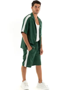 Completo Set Coordinato Uomo Viscosa Camicia Con Colletto Bermuda Outfit Verde GIOSAL-OU2364A