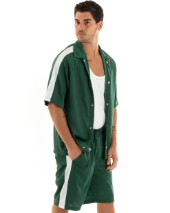 Completo Set Coordinato Uomo Viscosa Camicia Con Colletto Bermuda Outfit Verde GIOSAL-OU2364A
