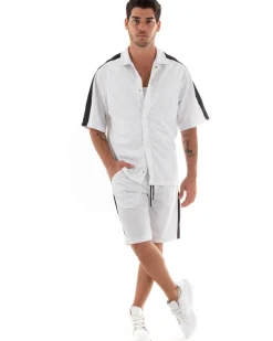 Completo Set Coordinato Uomo Viscosa Camicia Con Colletto Bermuda Outfit Bianco GIOSAL-OU2367A