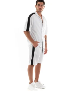 Completo Set Coordinato Uomo Viscosa Camicia Con Colletto Bermuda Outfit Bianco GIOSAL-OU2367A